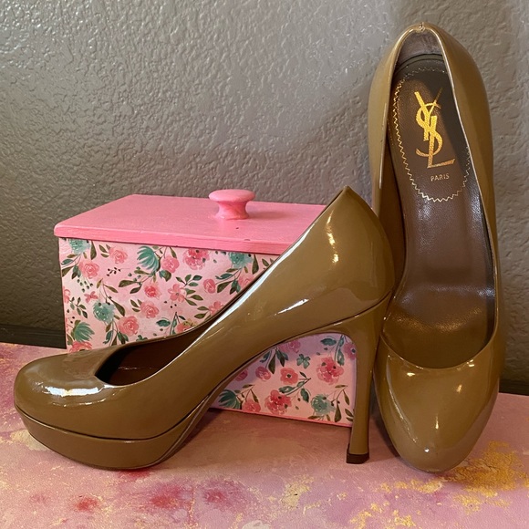 YSL Tan Platform Patent Leather Stiletto High Heels IT 38 8: US - Picture 4 of 16